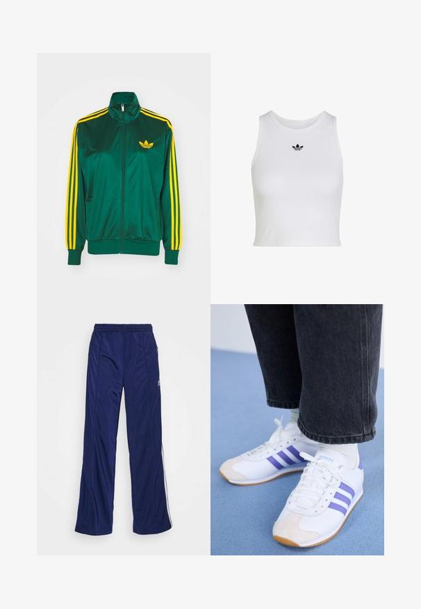 Chaqueta de pista satinada verde, con cremallera en la parte delantera, alto cuello, diseño de tres rayas amarillas en las mangas y un pequeño logo amarillo en el pecho.; Top corto blanco sin mangas con cuello redondo y pequeño logo negro Adidas trefoil centrado debajo del cuello.; Pantalones deportivos navy con cintura elástica, piernas rectas y cremalleras laterales. Presentan piping blanco a lo largo de los lados. Textura de tela suave.; Zapatillas blancas con rayas moradas, con una puntera de ante y una suela texturizada. Combinadas con pantalones negros con puños y calcetines blancos.