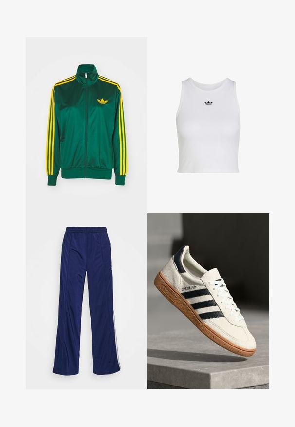 Groene satijnen trainingsjack, met rits aan de voorkant, hoge kraag, gele drie-strepen design op de mouwen en een klein geel logo op de borst.; Witte mouwloze crop top met ronde hals en klein zwart Adidas trefoil-logo, gecentreerd onder de kraag.; Marine blauwe sportbroeken met een elastische tailleband, rechte pijpen en zijritsen. Heeft witte piping langs de zijkanten. Soepele stofstructuur.; Witte suède sneakers met marineblauwe strepen, rubberen gumzool, gestructureerde bovenkant, ronde neus en veters; heeft branding aan de zijkant en op de tong.