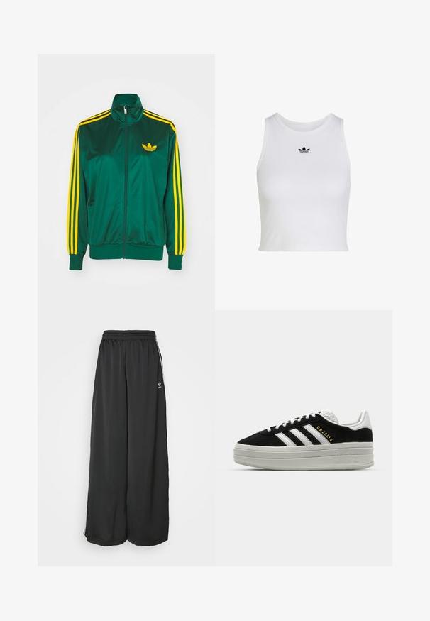 Groene satijnen trainingsjack, met rits aan de voorkant, hoge kraag, gele drie-strepen design op de mouwen en een klein geel logo op de borst.; Witte mouwloze crop top met ronde hals en klein zwart Adidas trefoil-logo, gecentreerd onder de kraag.; Zwarte, loszittende trainingsbroek van gladde stof. Voorzien van een elastische tailleband en zijstrepen met logo-accenten.; Zwarte suède sneaker met witte leren accenten, drie witte strepen, platte veters en een dikke grijze platformzool. Gouden "Gazelle" branding.