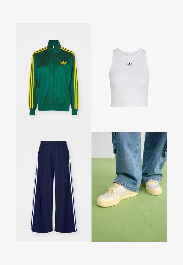 Chaqueta de pista satinada verde, con cremallera en la parte delantera, alto cuello, diseño de tres rayas amarillas en las mangas y un pequeño logo amarillo en el pecho.; Top corto blanco sin mangas con cuello redondo y pequeño logo negro Adidas trefoil centrado debajo del cuello.; adidas Originals PANT - Pantalones deportivos - night indigo; Zapatillas con una parte superior de color crema y suela de goma texturizada, que presentan detalles perforados y acentos en capas en azul pálido y beige.