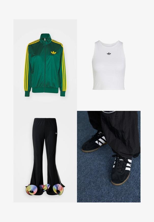 Groene satijnen trainingsjack, met rits aan de voorkant, hoge kraag, gele drie-strepen design op de mouwen en een klein geel logo op de borst.; Witte mouwloze crop top met ronde hals en klein zwart Adidas trefoil-logo, gecentreerd onder de kraag.; Zwarte sportbroek met een brede, uitlopende snit. Voorzien van kleurrijke, gerimpelde onderranden en witte zijstrepen. Gemaakt van rekbaar materiaal.; Zwarte suède sportschoenen met drie witte strepen en zwarte veters. Een gestructureerde zwarte broek is deels zichtbaar naast de schoenen.