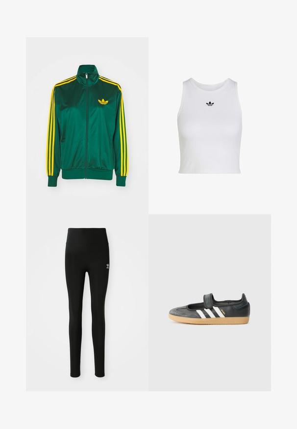 Groene satijnen trainingsjack, met rits aan de voorkant, hoge kraag, gele drie-strepen design op de mouwen en een klein geel logo op de borst.; Witte mouwloze crop top met ronde hals en klein zwart Adidas trefoil-logo, gecentreerd onder de kraag.; Zwarte legging van rekbaar materiaal met een hoge taille, voorzien van een klein wit Adidas-logo op het linkerbeen. Gladde textuur.; Zwarte leren en suède sneaker met een klittenbandsluiting, voorzien van drie witte strepen en een gumzool, met de naam "SAMBA" aan de zijkant.