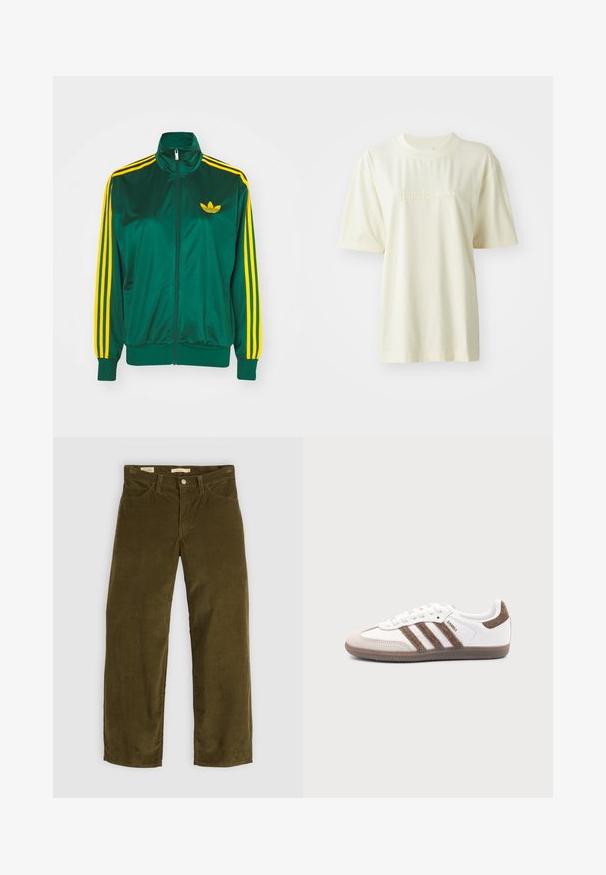 Chaqueta de pista satinada verde, con cremallera en la parte delantera, alto cuello, diseño de tres rayas amarillas en las mangas y un pequeño logo amarillo en el pecho.; Camiseta de algodón color crema con cuello redondo, mangas cortas y logo "adidas" en relieve en el pecho. Textura suave y corte relajado.; Pantalones de pana verde oliva con un diseño de pierna recta, que cuentan con bolsillos frontales y un cierre de botones, mostrando una textura acanalada vertical.; Zapatilla blanca Adidas Samba con franjas de ante marrón, suela de goma marrón y puntera de ante beige, vista desde el lado exterior sobre un fondo liso.