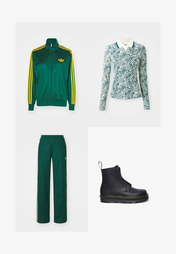 Veste de survêtement en satin vert, fermeture éclair devant, col haut, design à trois rayures jaunes sur les manches, et un petit logo jaune sur la poitrine.; Chemise ajustée à manches longues avec un motif floral turquoise et blanc, et un col blanc avec un liseré turquoise sur un fond uni.; Pantalons de sport vert foncé avec une coupe décontractée, dotés d'une taille à cordon, de poches latérales et de bandes crème sur les côtés.; Bottine noire en cuir avec des panneaux latéraux élastiques, bout arrondi, couture jaune contrastante et semelle en caoutchouc épaisse.
