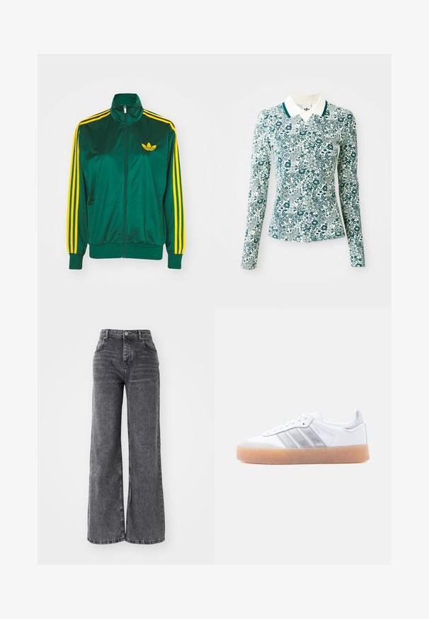 Groene satijnen trainingsjack, met rits aan de voorkant, hoge kraag, gele drie-strepen design op de mouwen en een klein geel logo op de borst.; Een langmouwig, getailleerd shirt met een teal en wit bloemmotief en een witte kraag met teal afwerking op een effen achtergrond.; Wijde grijze denim broek met een hoge taille, voorzien van traditionele vijf-pocket styling en een subtiele vervaagde afwerking.; Witte lage sneaker met gumzool, zilverkleurige gestreepte zijkanten en veterluiting, afgebeeld tegen een effen lichte achtergrond.