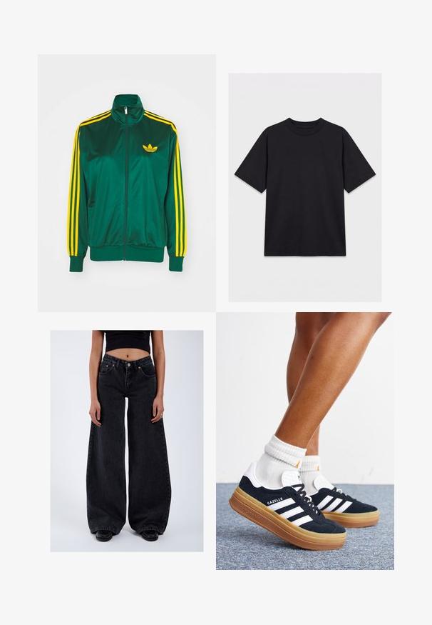 Groene satijnen trainingsjack, met rits aan de voorkant, hoge kraag, gele drie-strepen design op de mouwen en een klein geel logo op de borst.; Zwart T-shirt met korte mouwen en ronde hals, plat gelegd op een witte achtergrond, vooraanzicht zonder zichtbare logo's of ontwerpen.; Vrouw die hoge taille, brede zwarte jeans draagt, zwart cropped top, zwarte schoenen en een ring aan haar rechterhand, staand op een witte achtergrond.; Ben met witte sokken en zwarte Adidas Gazelle sneakers met witte strepen en dikke bruine zolen op een grijs tapijt.