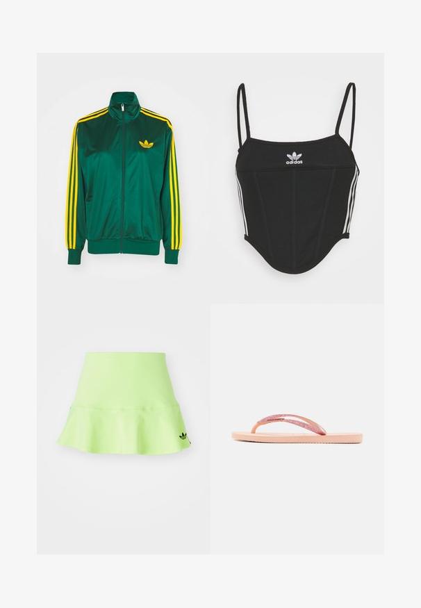 Veste de survêtement en satin vert, fermeture éclair devant, col haut, design à trois rayures jaunes sur les manches, et un petit logo jaune sur la poitrine.; Top court noir à côtes avec des bretelles fines réglables, comportant trois rayures blanches sur les côtés et un petit logo Adidas blanc au centre.; adidas Originals SKIRT - Minijupe - signal green; Tongs roses avec une lanière pailletée, une semelle en caoutchouc texturée et un design plat simple. Les accents incluent une pièce de connexion brillante.