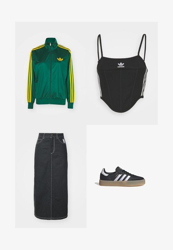 Chaqueta de pista satinada verde, con cremallera en la parte delantera, alto cuello, diseño de tres rayas amarillas en las mangas y un pequeño logo amarillo en el pecho.; Top corto negro con canalé y tirantes finos ajustables, que presenta tres rayas blancas a los lados y un pequeño logo de Adidas blanco en el centro.; Falda midi de mezclilla negra con rayas verticales blancas. Presenta una cintura con botones, dos bolsillos delanteros y costuras de contraste. Diseño ajustado recto.; Zapatilla deportiva de cuero negro con tres rayas plateadas, punta texturizada y suela de goma. Cuenta con un collar acolchado y un diseño con cordones.