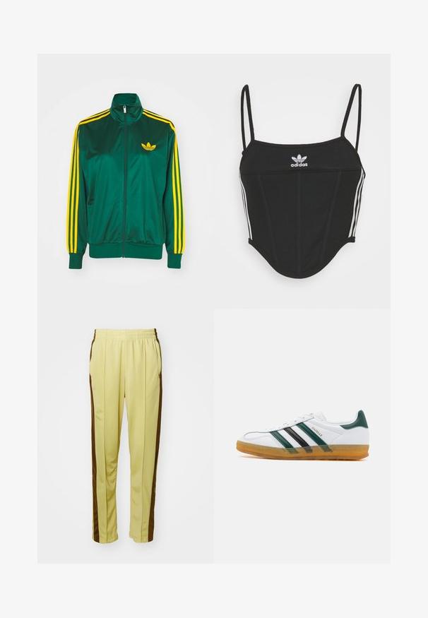 Grøn satin trackjakke, lynlåsfortil, høj krave, gul tre-stripes design på ærmerne og et lille gult logo på brystet.; Sort ribbet crop top med justerbare tynde stropper, der har tre hvide striber på siderne og et lille hvidt Adidas-logo i midten.; Gule træningsbukser med et glat stof, der har brune sidelister, elastisk talje og to sidelommer.; Hvide lædersneakers med grønne og sorte striber; gummisål; tekstureret tåboks; guld "Gazelle" branding på siden.
