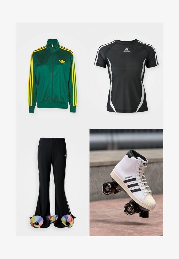 Groene satijnen trainingsjack, met rits aan de voorkant, hoge kraag, gele drie-strepen design op de mouwen en een klein geel logo op de borst.; Zwarte Adidas sport T-shirt met korte mouwen, voorzien van witte strepen op de schouders en zilveren gebogen accenten aan de zijkanten.; Zwarte sportbroek met een brede, uitlopende snit. Voorzien van kleurrijke, gerimpelde onderranden en witte zijstrepen. Gemaakt van rekbaar materiaal.; Witte hoge rolschaats; leren bovenkant met drie zwarte strepen; zwarte hak; rubberen zool; versierd met het Adidas-logo op de wielen.
