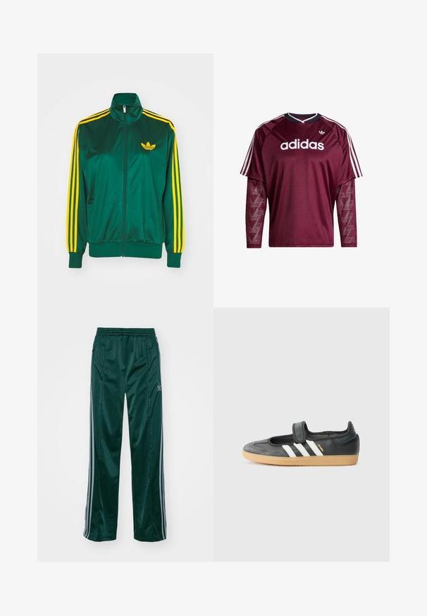 Veste de survêtement en satin vert, fermeture éclair devant, col haut, design à trois rayures jaunes sur les manches, et un petit logo jaune sur la poitrine.; Chemise à manches longues Adidas couleur marron avec manches en mesh, logo blanc et rayures sur les épaules, col noir et blanc, vue de face.; Pantalons de sport vert foncé en matériau brillant, avec des bandes latérales gris clair et un logo brodé sur la jambe gauche.; Sneaker en cuir noir et suède avec une sangle Velcro, arborant trois bandes blanches et une semelle en caoutchouc, étiqueté "SAMBA" sur le côté.