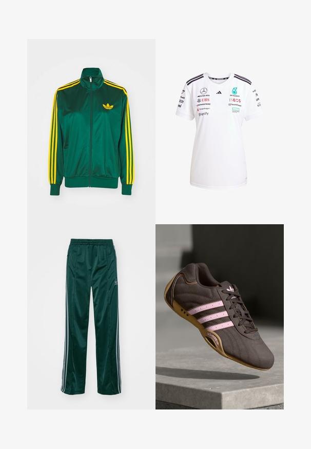 Groene satijnen trainingsjack, met rits aan de voorkant, hoge kraag, gele drie-strepen design op de mouwen en een klein geel logo op de borst.; Witte sport T-shirt met korte mouwen, ronde hals, met zwarte strepen op de schouders en meerdere sponsorslogo's gedrukt op de voorkant.; Donkergroene sportbroeken van glanzend materiaal, met zijstrepens in lichtgrijs en een geborduurd logo op het linkerbeen.; Bruine suède sport schoen met roze strepen en logo, voorzien van een gestructureerde bovenkant, vetersluiting en een gumrubberen zool.
