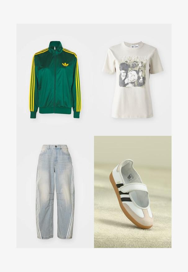 Groene satijnen trainingsjack, met rits aan de voorkant, hoge kraag, gele drie-strepen design op de mouwen en een klein geel logo op de borst.; Beige katoenen t-shirt met een ronde hals. Voorzien van een grafische print met personages en tekst uit "Buffy", in zwart en grijstinten.; Lichtblauwe denim jeans met een losse pasvorm, voorzien van witte strepen aan de zijkanten, verweringdetails en een knoopsluiting in de taille.; Witte schoen met een roze suède neus, zwarte strepen en een klittenbandsluiting. Heeft een tan rubberen zool en een logo aan de zijkant.