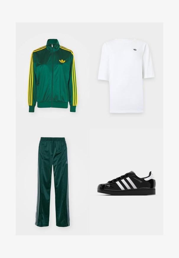 Zelená saténová tréningová bunda, predné zips, vysoký golier, žltý trojprúžkový dizajn na rukávoch a malé žlté logo na hrudi.; Biele tričko Adidas s krátkymi rukávmi a malým čiernym logom trefoil na ľavej strane hrudníka.; Tmavozelené športové nohavice vyrobené z lesklého materiálu, s bočnými pruhmi v svetlošedej farbe a vyšitým logom na ľavom stehne.; adidas Originals SUPERSTAR II - Tenisky - core black/footwear white/gold metallic