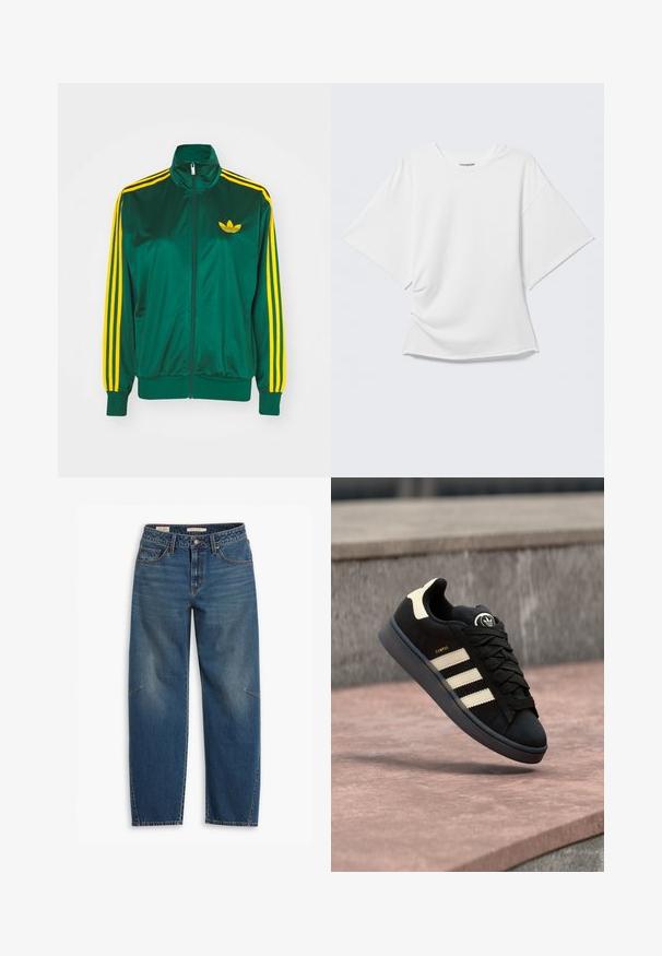 Grøn satin trackjakke, lynlåsfortil, høj krave, gul tre-stripes design på ærmerne og et lille gult logo på brystet.; Hvid oversized T-shirt med korte ærmer og rund hals vist på en lysegrå baggrund.; Blå denim jeans med en afslappet pasform, der har høj talje, lige ben, synligt syning og en lille detalje på venstre knæ.; Sort ruskindsneakers med tre beige striber, rundt logo på tungen, flade snørebånd og en polstret sål, mærket "CAMPUS."