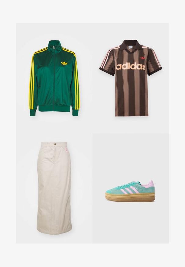 Groene satijnen trainingsjack, met rits aan de voorkant, hoge kraag, gele drie-strepen design op de mouwen en een klein geel logo op de borst.; Bruine gestreepte Adidas polo met V-hals, bordeauxrode kraag en rood logo. Heeft witte en rode schouderstrepen, korte mouwen.; Beige gestreepte rok met een hoge taille, verborgen rits en metalen knoopsluiting. Inclusief een klein merklabel aan de voorkant.; adidas Originals GAZELLE BOLD - Sneakers laag - powder teal/bliss lilac/pure teal