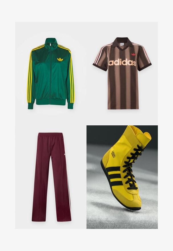 Groene satijnen trainingsjack, met rits aan de voorkant, hoge kraag, gele drie-strepen design op de mouwen en een klein geel logo op de borst.; Bruine gestreepte Adidas polo met V-hals, bordeauxrode kraag en rood logo. Heeft witte en rode schouderstrepen, korte mouwen.; Wijnrode trainingsbroek met elastische tailleband, zijzakken met rits, witte zijstrepen en een klein wit Adidas-logo op de rechterdij.; Hoge sneakers van gele synthetische materialen, met zwarte veters, drie zwarte strepen en branding op de zijkant. Gekreukt rubberen zool.