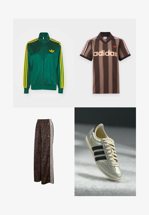 Grüne Satin-Trainingsjacke, mit Reißverschluss vorne, hohem Kragen, gelbem Drei-Streifen-Design an den Ärmeln und kleinem gelben Logo auf der Brust.; Braunes gestreiftes Adidas-Poloshirt mit V-Ausschnitt, bordeauxrotem Kragen und rotem Logo. Mit weißen und roten Schulterstreifen, kurzen Ärmeln.; Weit geschnittene Hose mit braun-schwarzem Schlangenhautmuster, weißen Seitenstreifen und elastischem Bund, mit kleinem Adidas-Logo.; Hellgraue Leder-Sneaker mit schwarzen Streifen, durchbrochenen Details, beigen Schnürsenkeln und einem goldenen Logo-Patch. Strukturierte Gummisohle.