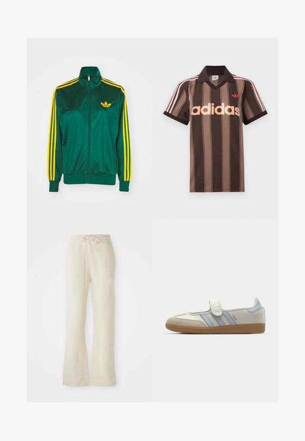 Groene satijnen trainingsjack, met rits aan de voorkant, hoge kraag, gele drie-strepen design op de mouwen en een klein geel logo op de borst.; Bruine gestreepte Adidas polo met V-hals, bordeauxrode kraag en rood logo. Heeft witte en rode schouderstrepen, korte mouwen.; Crème kleurige sweatpants met een zachte textuur, voorzien van een trekkoord tailleband en brede pijpen. Subtiele logo detail op de linkse heup.; adidas Originals SAMBA JANE BALLERINA - Ballerina's met enkelbandjes - cloud white/halo blue
