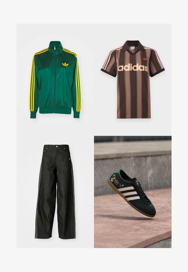 Chaqueta de pista satinada verde, con cremallera en la parte delantera, alto cuello, diseño de tres rayas amarillas en las mangas y un pequeño logo amarillo en el pecho.; Polo Adidas marrón con rayas, cuello en V, cuello burdeos y logo rojo. Presenta rayas blancas y rojas en los hombros, mangas cortas.; Pantalones anchos de mezclilla negra con rayas laterales blancas, que cuentan con bolsillos delanteros, una bragueta con botones y un logo sutil cerca de la cintura.; Zapatilla deportiva negra con rayas blancas, parte superior con estampado que presenta detalles florales y un talón verde. Suela de goma que proporciona tracción.