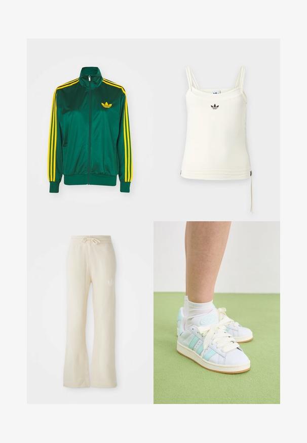Grüne Satin-Trainingsjacke, mit Reißverschluss vorne, hohem Kragen, gelbem Drei-Streifen-Design an den Ärmeln und kleinem gelben Logo auf der Brust.; Cremefarbenes Tanktop mit dünnen Trägern; Adidas-Logo in Schwarz auf der Brust. Glatter Stoff mit Kordelzug-Detail am Saum. Einfaches Design.; Cremefarbene Jogginghose aus einem weichen Material, mit einem Kordelzugbund und ausgestellten Beinen. Subtiles Logo-Detail an der linken Hüfte.; Weiße Leder-Sneaker mit mintfarbenen Akzenten, rundem Logo und cremefarbenen Schnürsenkeln; strukturierte Gummisohle; kombiniert mit weißen Socken auf grünem Boden.