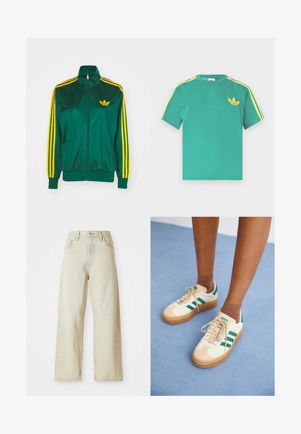 Grüne Satin-Trainingsjacke, mit Reißverschluss vorne, hohem Kragen, gelbem Drei-Streifen-Design an den Ärmeln und kleinem gelben Logo auf der Brust.; Grünes Baumwoll-T-Shirt mit kurzen Ärmeln, das gelbe Streifen entlang der Schultern und ein gesticktes dreiblättriges Logo auf der Brust zeigt.; Weite Jeans aus Denim in einem hellbeigen Farbton, mit vorderen Taschen, hoher Taille und dezenten Nähdetails. Hergestellt aus strukturiertem Denim-Stoff.; Beige Sneakers mit dunkelgrünen Streifen, Gummisohle, Obermaterial aus Wildleder und Textil sowie neutralen Hardwareteilen, kombiniert mit braunen Socken auf einer hellblauen Oberfläche.