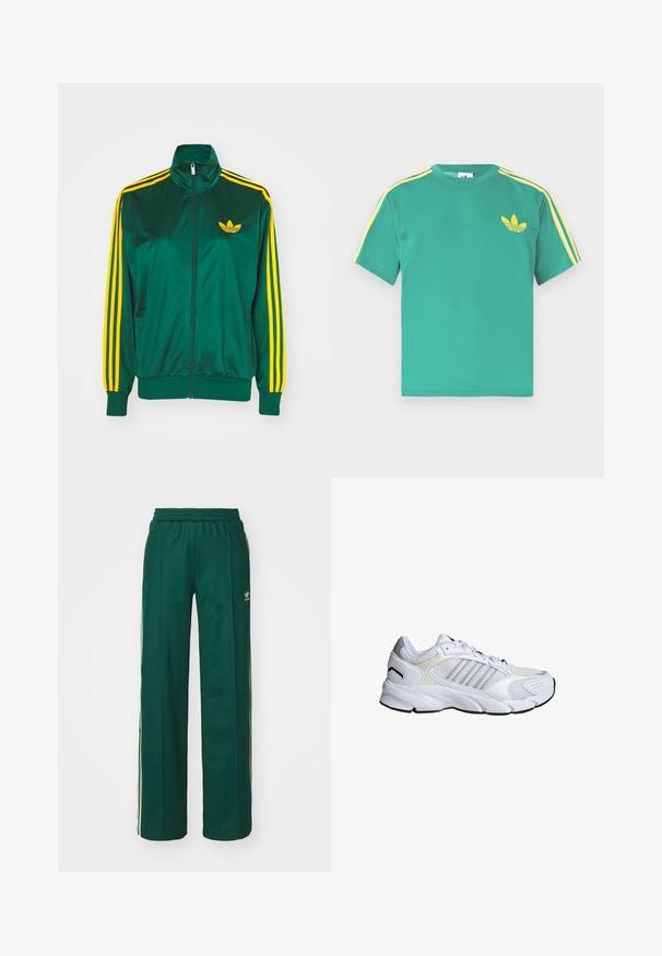 Grøn satin trackjakke, lynlåsfortil, høj krave, gul tre-stripes design på ærmerne og et lille gult logo på brystet.; Grøn bomulds t-shirt med korte ærmer, med gule striber langs skuldrene og et broderet tre-bladet logo på brystet.; Mørkegrønne træningsbukser med en afslappet pasform, der har snor i taljen, sidelommer og cremefarvede striber langs siderne.; Hvide sportsko i åndbart mesh og syntetiske materialer, med tre sølvstriber, struktureret gummisål og polstret krave.