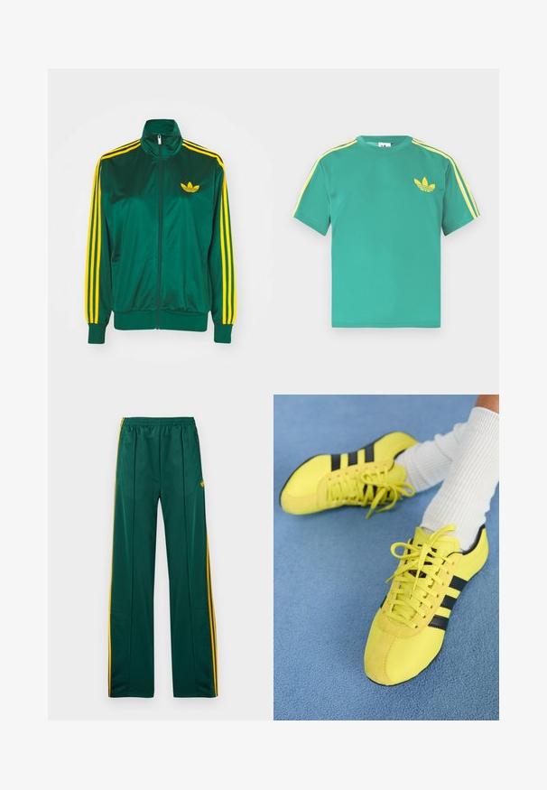Grøn satin trackjakke, lynlåsfortil, høj krave, gul tre-stripes design på ærmerne og et lille gult logo på brystet.; Grøn bomulds t-shirt med korte ærmer, med gule striber langs skuldrene og et broderet tre-bladet logo på brystet.; Grønne sportbukser med gule striber i siden, elastisk taljebånd og to sidelommer. Fremstillet af glat, let materiale.; Lys gule atletiksko med sorte striber og snørebånd; har en struktureret overdel og suedefornum. Brugt med hvide ribbede sokker.