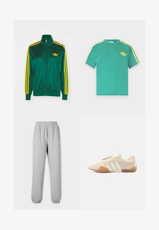Chaqueta de pista satinada verde, con cremallera en la parte delantera, alto cuello, diseño de tres rayas amarillas en las mangas y un pequeño logo amarillo en el pecho.; Camiseta de algodón verde con mangas cortas, con rayas amarillas a lo largo de los hombros y un logo bordado de tres hojas en el pecho.; Pantalones deportivos gris claro con cintura y puños elásticos, bolsillos laterales y un pequeño logo blanco en la parte superior del muslo.; Zapatilla beige de perfil bajo con tres franjas blancas, paneles laterales de ante texturizado, suela de goma y cierre con cordones sobre un fondo liso.