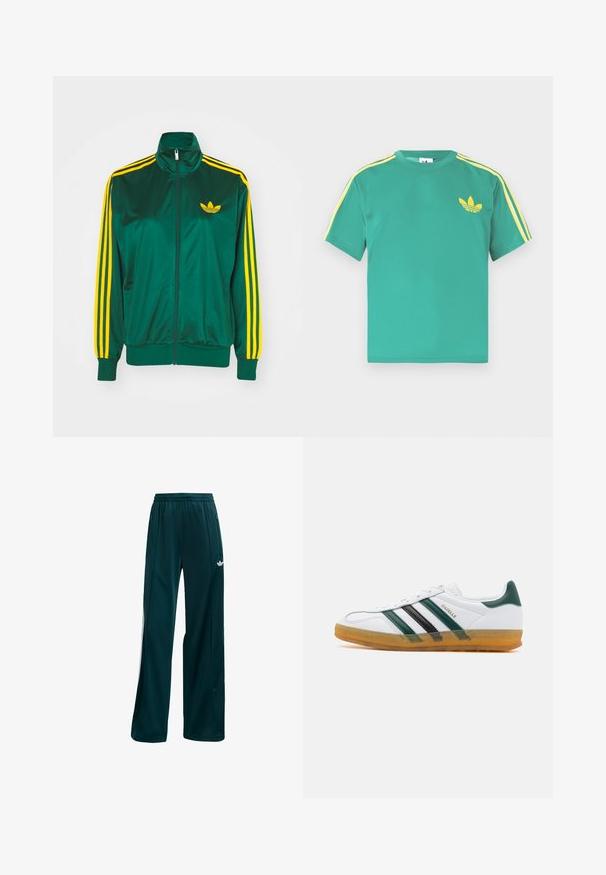Grøn satin trackjakke, lynlåsfortil, høj krave, gul tre-stripes design på ærmerne og et lille gult logo på brystet.; Grøn bomulds t-shirt med korte ærmer, med gule striber langs skuldrene og et broderet tre-bladet logo på brystet.; Mørk teal træningsbukser lavet af letvægtigt stof, med et simpelt design, elastisk talje og hvide sideaccenter.; Hvide lædersneakers med grønne og sorte striber; gummisål; tekstureret tåboks; guld "Gazelle" branding på siden.