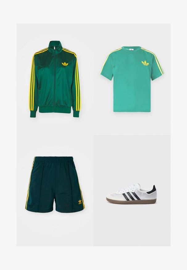 Grøn satin trackjakke, lynlåsfortil, høj krave, gul tre-stripes design på ærmerne og et lille gult logo på brystet.; Grøn bomulds t-shirt med korte ærmer, med gule striber langs skuldrene og et broderet tre-bladet logo på brystet.; Mørkegrønne sportsshorts med elastisk talje, prydet med gule sidelister og et broderet gult logo på underbenet.; Hvid mesh-sneaker med sorte striber, beige ruskind på tåhætte og hæl, tekstureret gummisål og hvide snørebånd. Klassisk lavtopsdesign.
