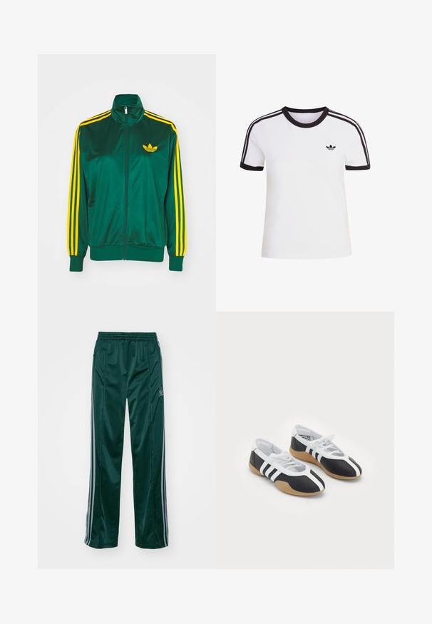 Grøn satin trackjakke, lynlåsfortil, høj krave, gul tre-stripes design på ærmerne og et lille gult logo på brystet.; Hvid kortærmet t-shirt med sorte detaljer, der har rund halsudskæring og tre sorte striber på hver skulder. Lille sort logo på brystet.; Mørkegrønne træningsbukser lavet af skinnende materiale, med sidelister i lys grå og et broderet logo på venstre ben.; Sort-hvide sportsko med et slankt design, gummisål, snørebåndslukning og tre hvide striber på siden.