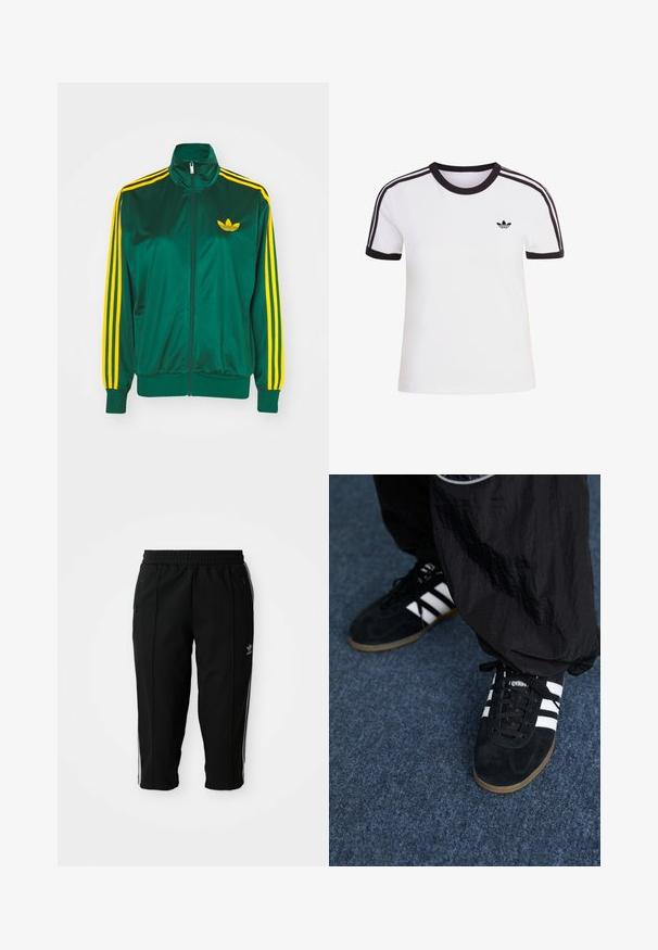 Grøn satin trackjakke, lynlåsfortil, høj krave, gul tre-stripes design på ærmerne og et lille gult logo på brystet.; Hvid kortærmet t-shirt med sorte detaljer, der har rund halsudskæring og tre sorte striber på hver skulder. Lille sort logo på brystet.; Sorte træningsbukser med elastisk talje, sidelommer med lynlås og hvide accentstriber langs sømmene. Lavet af et glat og holdbart materiale.; Sorte suedetrainingssko med tre hvide striber og sorte snørebånd. Et tekstureret sort bukser er delvist synligt ved siden af skoene.