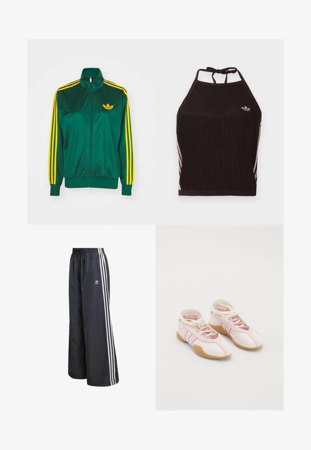 Grøn satin trackjakke, lynlåsfortil, høj krave, gul tre-stripes design på ærmerne og et lille gult logo på brystet.; Sort mesh halter crop top med tekstureret design. Har pink accentstriber og en lille logo foran. Lukning med bånd bagpå.; Sorte atletikbukser lavet af letvægtsmateriale, med tre hvide lodrette striber og en elastisk talje med snøre.; Lyserøde lærredssko med en blød overflade, der har snørebåndsdesign og en gummisål. Dekorative detaljer og tre striber på siden.