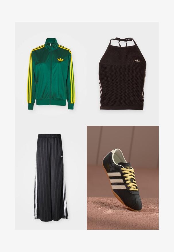 Grüne Satin-Trainingsjacke, mit Reißverschluss vorne, hohem Kragen, gelbem Drei-Streifen-Design an den Ärmeln und kleinem gelben Logo auf der Brust.; Schwarzes Netz-Halfter-Cropped-Top mit strukturiertem Design. Mit pinkfarbenen Akzentstreifen und kleinem Logo vorne. Mit Rückenknotenverschluss.; Schwarzfarbene, weit geschnittene Hosen mit vertikalen weißen Streifen, elastischem Bund und drei weißen Streifen an der Seite. Adidas-Logo auf der Vorderseite.; Schwarzer Sportschuh mit drei weißen Streifen, gelben Schnürsenkeln und einer strukturierten Oberfläche. Verfügt über ein geschwungenes Design und eine Gummisohle.