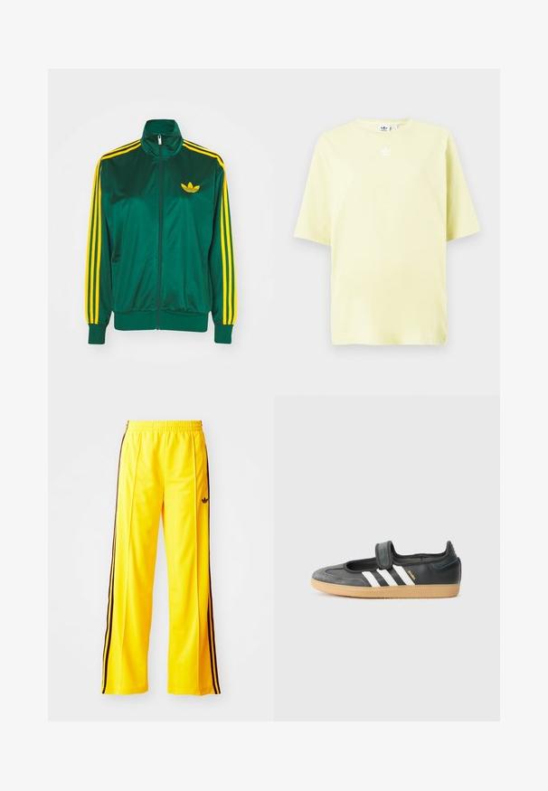 Veste de survêtement en satin vert, fermeture éclair devant, col haut, design à trois rayures jaunes sur les manches, et un petit logo jaune sur la poitrine.; T-shirt Adidas jaune clair à manches courtes avec un petit logo trefoil blanc au centre près de l'encolure.; Pantalons de sport jaunes avec des rayures noires sur les côtés et une taille élastique. Fabriqué en matériau lisse et léger. Présente un logo sur la cuisse.; Sneaker en cuir noir et suède avec une sangle Velcro, arborant trois bandes blanches et une semelle en caoutchouc, étiqueté "SAMBA" sur le côté.