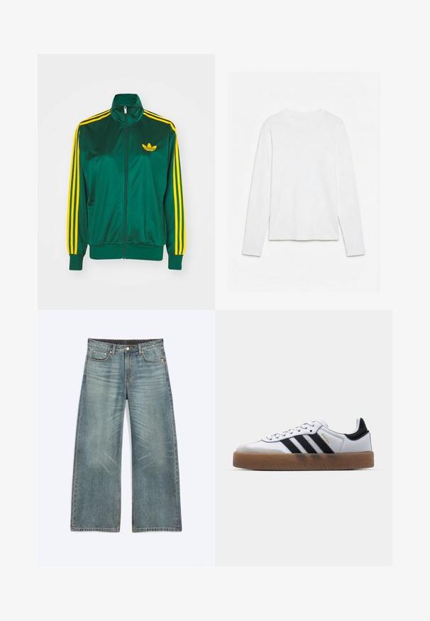 Grøn satin trackjakke, lynlåsfortil, høj krave, gul tre-stripes design på ærmerne og et lille gult logo på brystet.; Helt hvid langærmet t-shirt med rund hals lagt fladt på en hvid overflade, der viser fronten og hele ærmelængden.; Blå vidde jeans med forlommer, bæltestropper, knaplukning og subtile falmede detaljer på lår og knæ.; Hvide lædersneakers med sorte striber, gummirubber sål, rund tå, snørelukning og blød grå ruskinds tåhætte.
