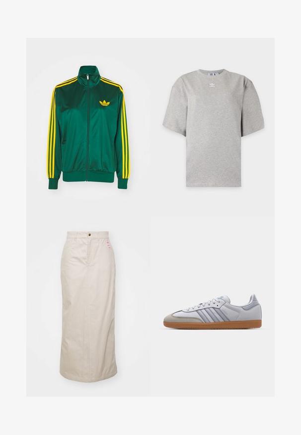 Zelená saténová tréningová bunda, predné zips, vysoký golier, žltý trojprúžkový dizajn na rukávoch a malé žlté logo na hrudi.; Svetlosivé tričko Adidas s krátkym rukávom, okrúhlym výstrihom a malým bielym logom Adidas na hrudi, zobrazené na jednoduchom pozadí.; Béžová sukňa s pruhmi a vysokým pásom, skrytý zips a kovové zapínanie na gombík. Obsahuje malú značkovú etiketu na prednej strane.; Biele kožené tenisky s svetlomodrými akcentmi, sivým semišovým špičkou a hnedou gumovou podrážkou. Obsahujú tri modré pruhy a branding "Samba".