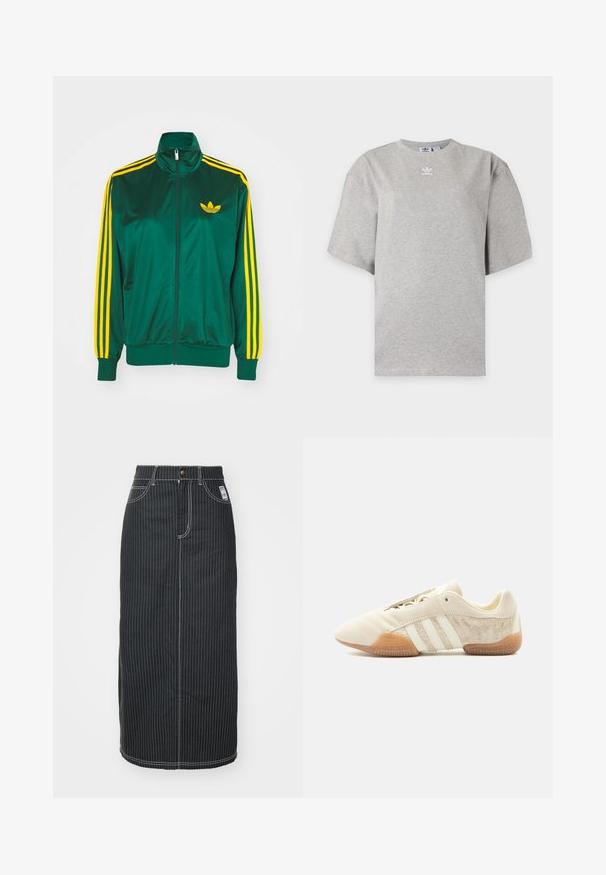 Grøn satin trackjakke, lynlåsfortil, høj krave, gul tre-stripes design på ærmerne og et lille gult logo på brystet.; Lysegrå Adidas T-shirt med korte ærmer, rund hals og lille hvid Adidas-logo på brystet, vist på en ensfarvet baggrund.; Sort denim midi-nederdel med hvide lodrette striber. Har en knapliv, to forlommer og kontrastsyninger. Lige snit design.; Lavprofileret beige sneaker med tre hvide striber, teksturerede ruskindssidepaneler, gummisål og snørelukning på ensfarvet baggrund.