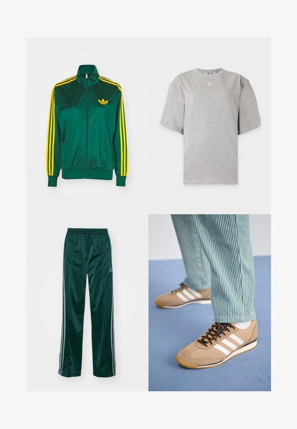 Grüne Satin-Trainingsjacke, mit Reißverschluss vorne, hohem Kragen, gelbem Drei-Streifen-Design an den Ärmeln und kleinem gelben Logo auf der Brust.; Hellgraues Adidas T-Shirt mit kurzen Ärmeln, Rundhalsausschnitt und kleinem weißen Adidas-Logo auf der Brust, auf schlichtem Hintergrund dargestellt.; Dunkelgrüne Sporthosen aus glänzendem Material, mit seitlichen Streifen in Hellgrau und einem gestickten Logo auf dem linken Bein.; Tanfarbene Wildleder- und Mesh-Sneaker mit braunen Schnürsenkeln und drei weißen Streifen. Kombiniert mit grün-weißen gestreiften Hosen, die auf einer blauen Oberfläche liegen.