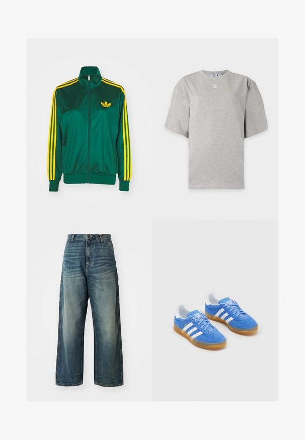 Groene satijnen trainingsjack, met rits aan de voorkant, hoge kraag, gele drie-strepen design op de mouwen en een klein geel logo op de borst.; Lichtgrijs Adidas T-shirt met korte mouwen, ronde hals en klein wit Adidas-logo op de borst, weergegeven op een effen achtergrond.; Wijd uitgesneden denim jeans in een vervaagde blauwe wassing. Bevat een knoopsluiting, vijf zakken en zichtbare stiksels. Materiaal heeft een zachte textuur.; Blauwe suède sportschoenen met witte gestreepte accenten, rubberen zool en een gevoerde kraag voor comfort. Beschikt over een klassiek vetersluiting ontwerp.