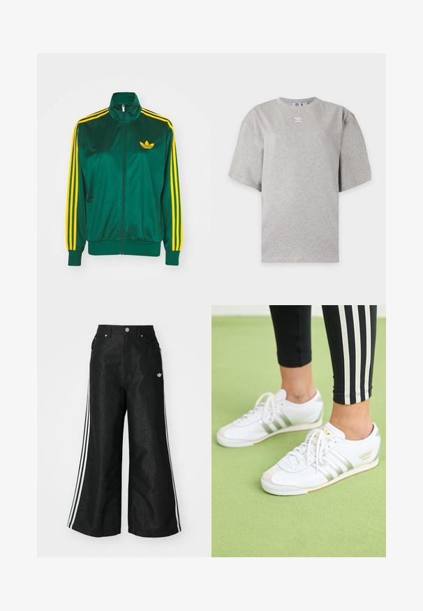 Chaqueta de pista satinada verde, con cremallera en la parte delantera, alto cuello, diseño de tres rayas amarillas en las mangas y un pequeño logo amarillo en el pecho.; Camiseta Adidas de manga corta color gris claro con cuello redondo y pequeño logo blanco de Adidas en el pecho, mostrada sobre un fondo liso.; Pantalones de denim anchos y negros con tres franjas blancas en cada lado y un pequeño logo blanco. Cuenta con bolsillos frontales y un cierre de botón.; Pies que llevan zapatillas Adidas Italia blancas con rayas y cordones plateados, de pie sobre una superficie texturizada de color verde claro.