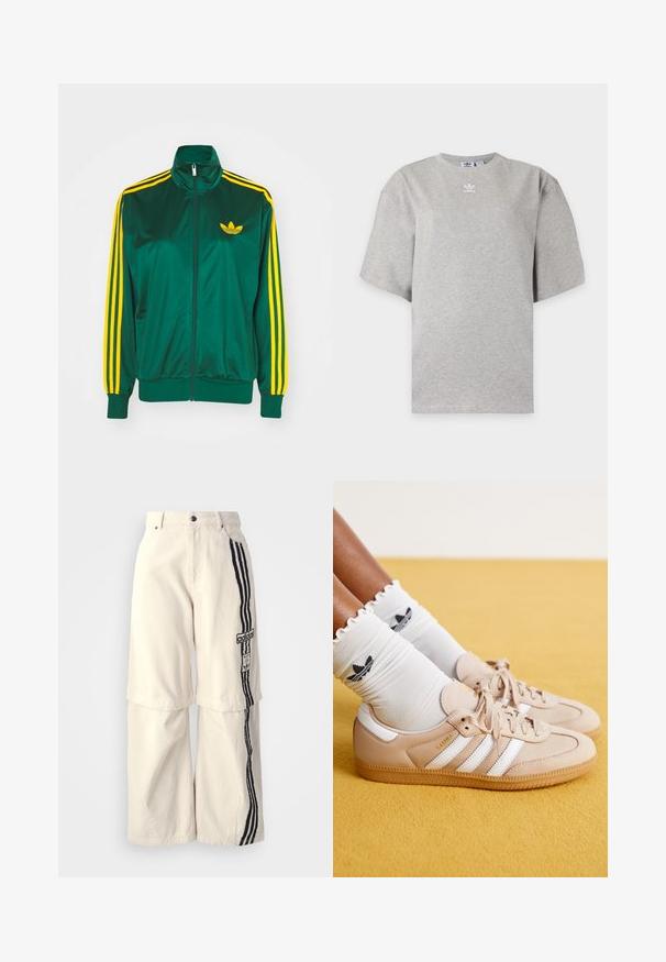 Grøn satin trackjakke, lynlåsfortil, høj krave, gul tre-stripes design på ærmerne og et lille gult logo på brystet.; Lysegrå Adidas T-shirt med korte ærmer, rund hals og lille hvid Adidas-logo på brystet, vist på en ensfarvet baggrund.; Beige brede bukser lavet af bomuld, prydet med en sort tre-stribedesign ned ad siden og et Adidas-logo-patch på låret.; Beige lædersneakers med hvide striber og guld branding, parret med hvide rynkede sokker med et sort logo. Tekstureret gummisål.