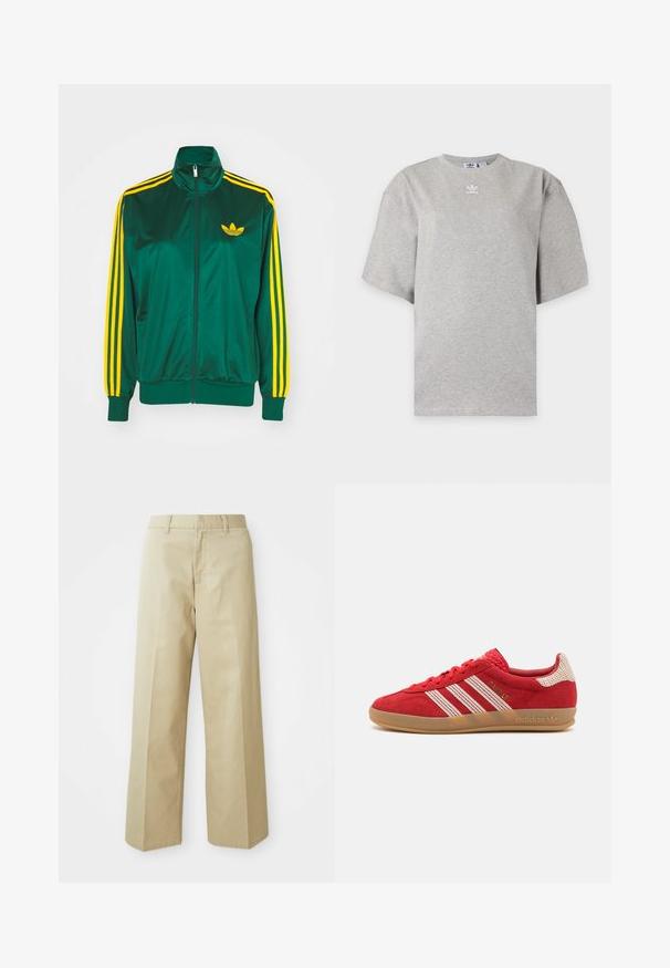 Chaqueta de pista satinada verde, con cremallera en la parte delantera, alto cuello, diseño de tres rayas amarillas en las mangas y un pequeño logo amarillo en el pecho.; Camiseta Adidas de manga corta color gris claro con cuello redondo y pequeño logo blanco de Adidas en el pecho, mostrada sobre un fondo liso.; Pantalones anchos de color beige fabricados en algodón con una textura suave. Presentan un corte recto, trabillas para cinturón y bolsillos delanteros.; Zapatillas de ante rojas con rayas blancas y acentos texturizados, suela de goma, cierre con cordones y detalles bordados en el lateral.