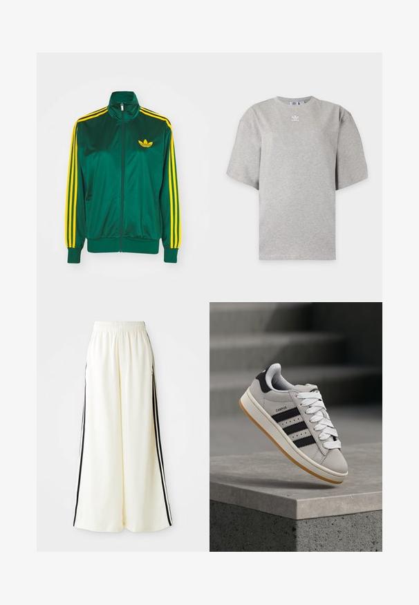 Roheline satiinist spordijakk, lukuga ees, kõrge kaelus, kollased kolm triipu disainis varrukatel ning väike kollane logo rinnal.; Helehall Adidas lühikeste varrukatega t-särk, ümara kaelusega ja väikese valge Adidas logoga rinnal, esitatud lihtsal taustal.; Valged laiad püksid, millel on elastne vöökoht ja mustad vertikaalsed triibud välisseintel.; Hall Adidas Campus spordijalats mustade triipude ja valgete paeltega, mis hõljub betoonist ääre kohal, kus taustal on trepid.