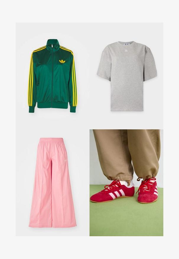 Groene satijnen trainingsjack, met rits aan de voorkant, hoge kraag, gele drie-strepen design op de mouwen en een klein geel logo op de borst.; Lichtgrijs Adidas T-shirt met korte mouwen, ronde hals en klein wit Adidas-logo op de borst, weergegeven op een effen achtergrond.; Roze wijde broeken gemaakt van lichtgewicht stof, met een elastische tailleband en subtiele witte streepjes aan de zijkanten. Klein logo aan de voorkant.; Rode suède sportschoenen met witte strepen, vlakke rubberen zool en rode veters. Draag met beige broeken, gepositioneerd op een groene ondergrond.
