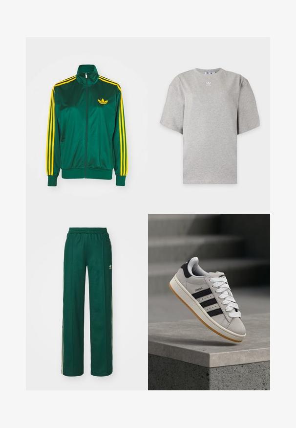 Zelená saténová tréningová bunda, predné zips, vysoký golier, žltý trojprúžkový dizajn na rukávoch a malé žlté logo na hrudi.; Svetlosivé tričko Adidas s krátkym rukávom, okrúhlym výstrihom a malým bielym logom Adidas na hrudi, zobrazené na jednoduchom pozadí.; Tmavohnedé športové nohavice s voľným strihom, s nastaviteľným pásom na šnúrku, postrannými vreckami a smotanovými pruhmi po stranách.; Šedá teniska Adidas Campus s čiernymi pruhmi a bielymi šnúrkami vznášajúca sa nad betónovým múrikom so schodmi v pozadí.