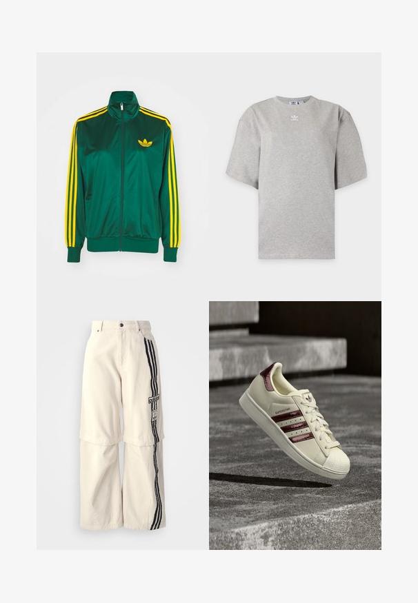 Zelená saténová tréningová bunda, predné zips, vysoký golier, žltý trojprúžkový dizajn na rukávoch a malé žlté logo na hrudi.; Svetlosivé tričko Adidas s krátkym rukávom, okrúhlym výstrihom a malým bielym logom Adidas na hrudi, zobrazené na jednoduchom pozadí.; Bežové nohavice s širokými nohavicami vyrobené z bavlny, s čiernym trojpruhovým dizajnom po boku a nášivkou loga Adidas na stehne.; Biela teniska Adidas Superstar s bordovými pruhmi a detailom päty, zobrazená vo vzduchu nad betónovými schodmi.