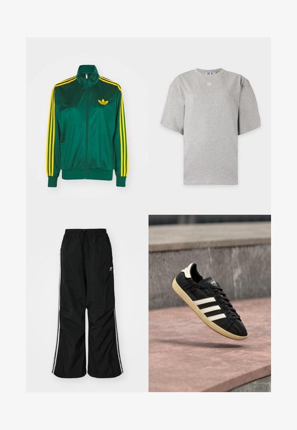 Zelená saténová tréningová bunda, predné zips, vysoký golier, žltý trojprúžkový dizajn na rukávoch a malé žlté logo na hrudi.; Svetlosivé tričko Adidas s krátkym rukávom, okrúhlym výstrihom a malým bielym logom Adidas na hrudi, zobrazené na jednoduchom pozadí.; Čierne vetrovky nohavice s elastickým pásom, šnúrkou na stiahnutie, bielymi bočnými pruhmi, voľným strihom, s malým logom na ľavej strane.; Čierna teniska Adidas s bielymi pruhmi a béžovou podrážkou, zachytená vo vzduchu nad kamenným povrchom a kamennou stenou v pozadí.