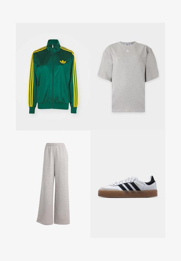 Chaqueta de pista satinada verde, con cremallera en la parte delantera, alto cuello, diseño de tres rayas amarillas en las mangas y un pequeño logo amarillo en el pecho.; Camiseta Adidas de manga corta color gris claro con cuello redondo y pequeño logo blanco de Adidas en el pecho, mostrada sobre un fondo liso.; Pantalones de chándal gris claro con un corte holgado, cinturilla elástica y textura suave. Presenta un sutil logo en un lado. Diseño casual.; Zapatillas de cuero blancas con rayas negras, suela de goma, puntera redonda, cierre de cordones y caperuza de ante gris suave.